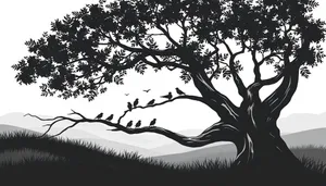 Black Oak Tree Silhouette with Floral Design Element