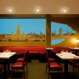 Modern restaurant interior design with wooden chairs and tables.
