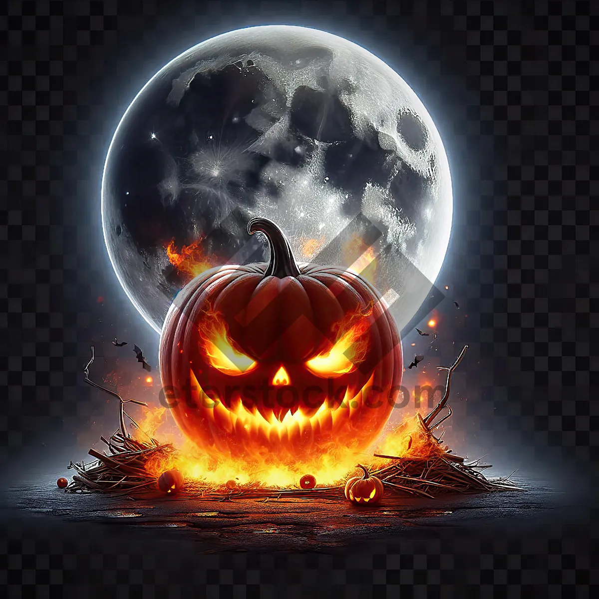 Picture of A carved pumpkin with a menacing face, lit from within, placed on the ground among branches and leaves, with a large full moon in the background against a dark sky. The scene creates an ominous Halloween atmosphere. AI, Generation, Illustration.