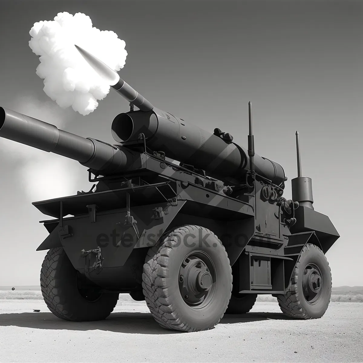 Picture of High-angle missile launcher in cloudy sky landscape.