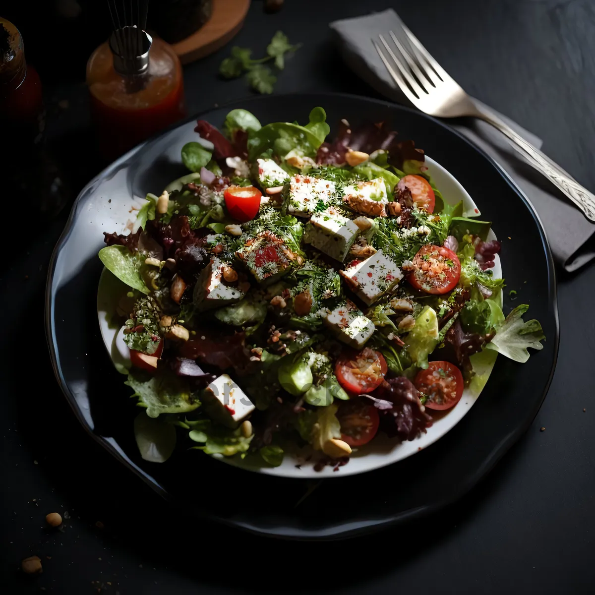 Picture of Gourmet beef salad with fresh vegetables and sauce.