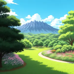 Serene countryside meadow under a sunny sky