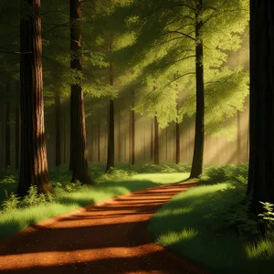 Serene Woods Pathway under Sunlit Canopy