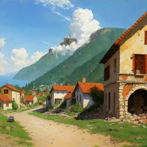 Rustic Village Retreat: Serene Mountain Landscape with Old Monastery