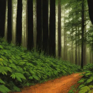Sunlit Forest Path through Lush Greenery