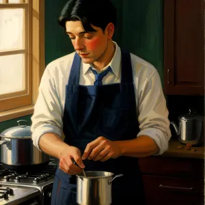 Smiling male waiter cooking in a kitchen.