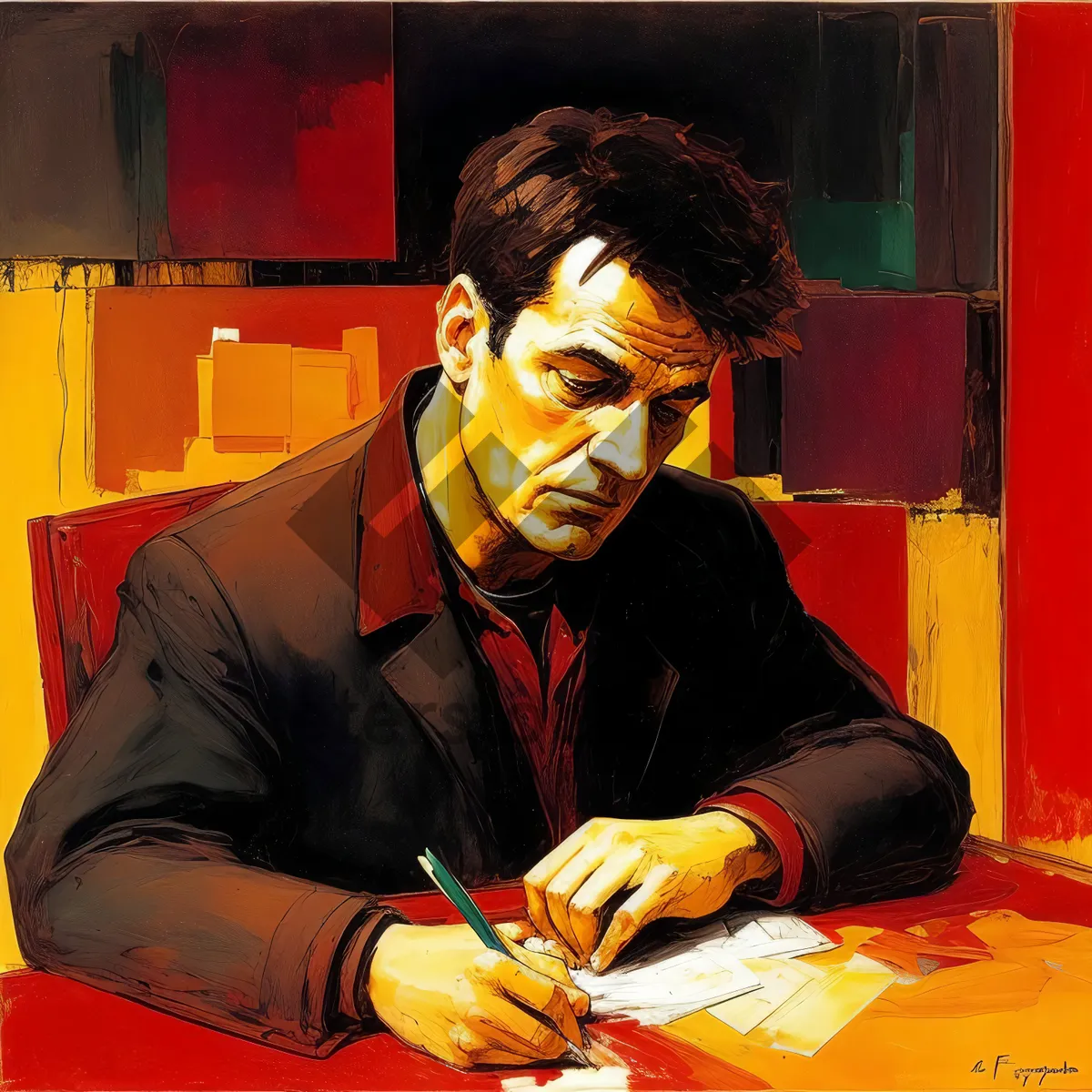 Picture of Smiling Businessman Working at Office Desk