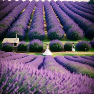 Colorful Lavender Field and Tile Roof Pattern