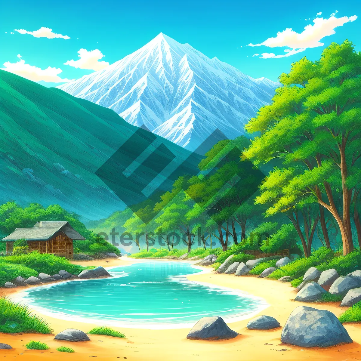 Picture of Serene Lake amidst Majestic Mountains in Summer