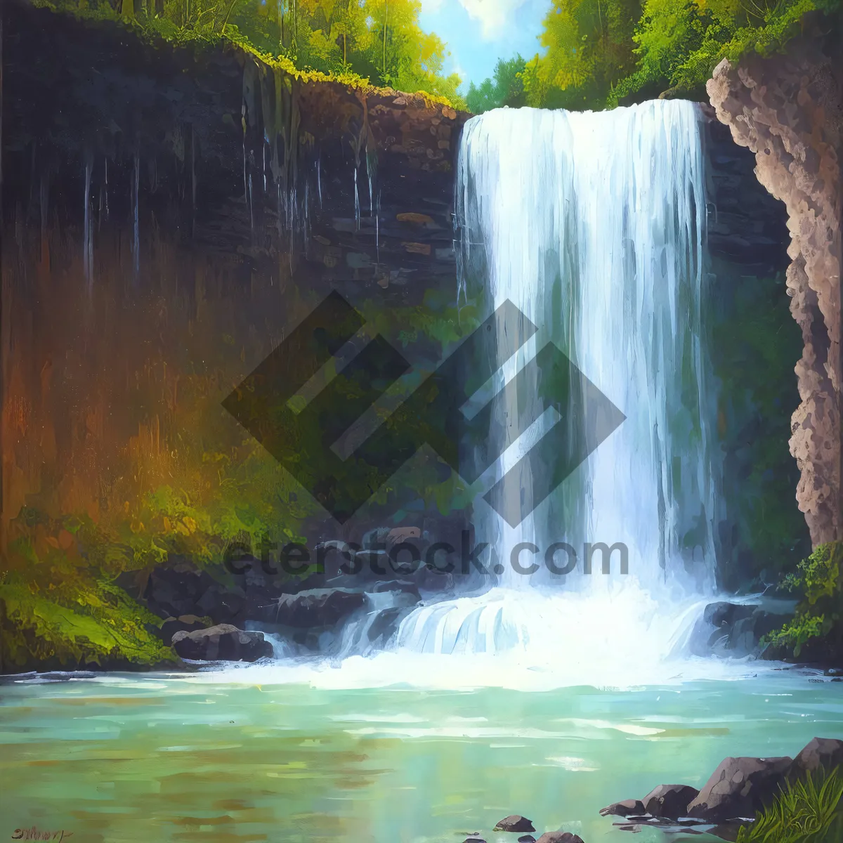 Picture of Serene Waterfall Flowing Through Mountain Forest
