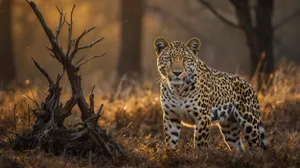 Spotted feline predator in South African jungle.