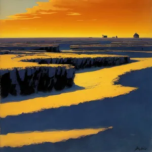 Golden Beach Sunset over Ocean Horizon