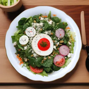 Delicious gourmet vegetable salad with cheese and meat