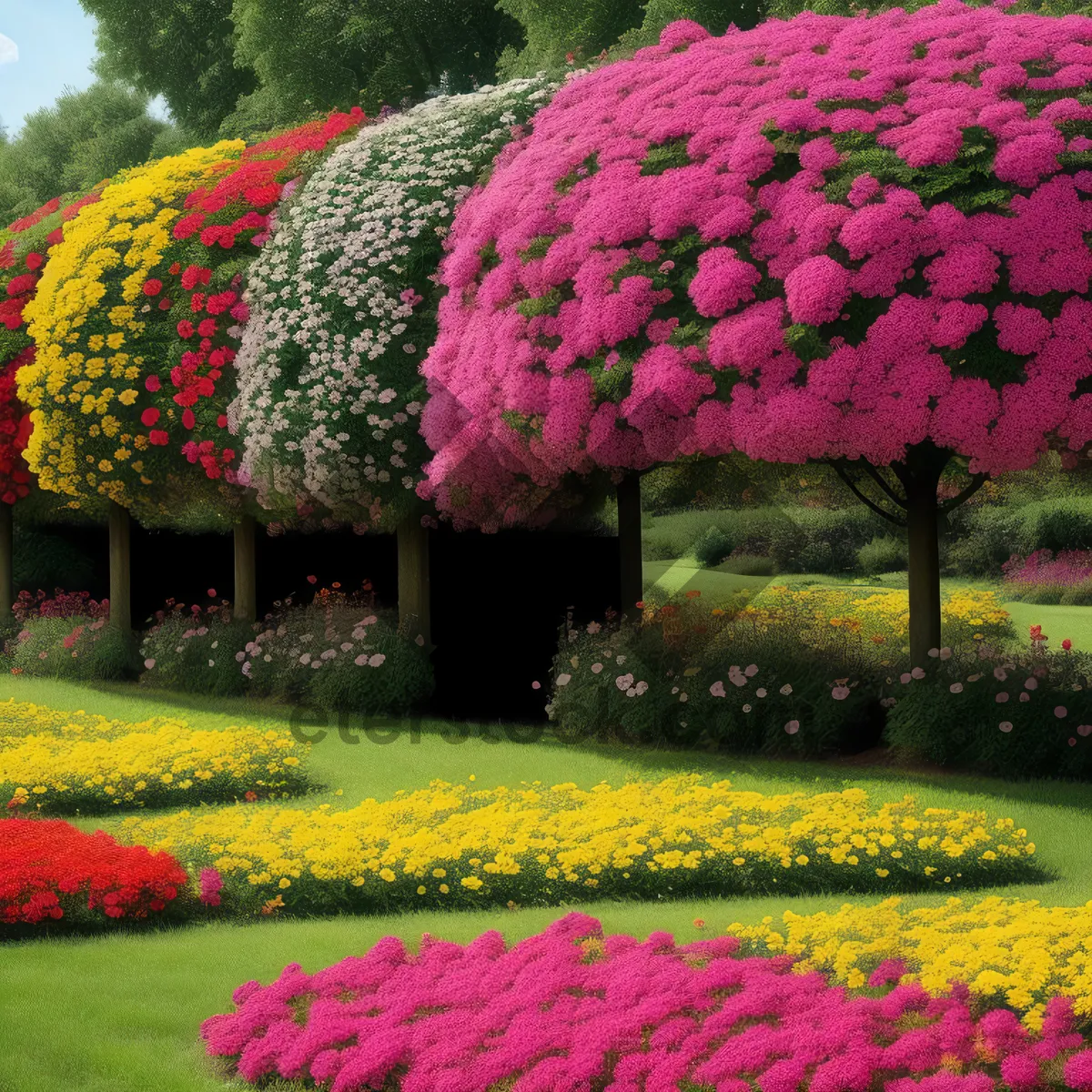 Picture of Colorful summer park landscape with blooming flowers and trees.