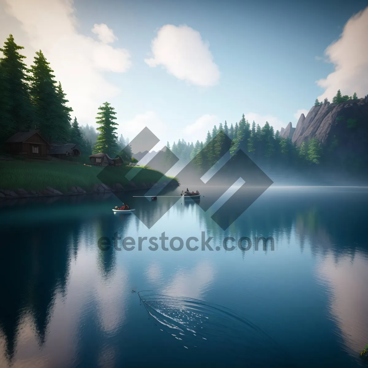 Picture of Serene Lakeside Reflection: Scenic Water and Sky with Woods