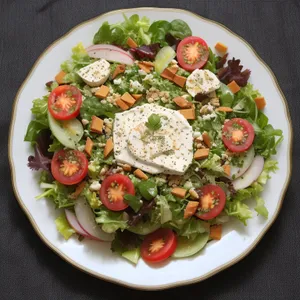 Gourmet chicken salad with fresh vegetables and cheese