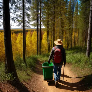 Forest Hiking Adventure with Handcart in Spring Landscape