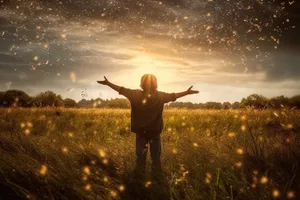 Happy person jumping in sunny meadow field.