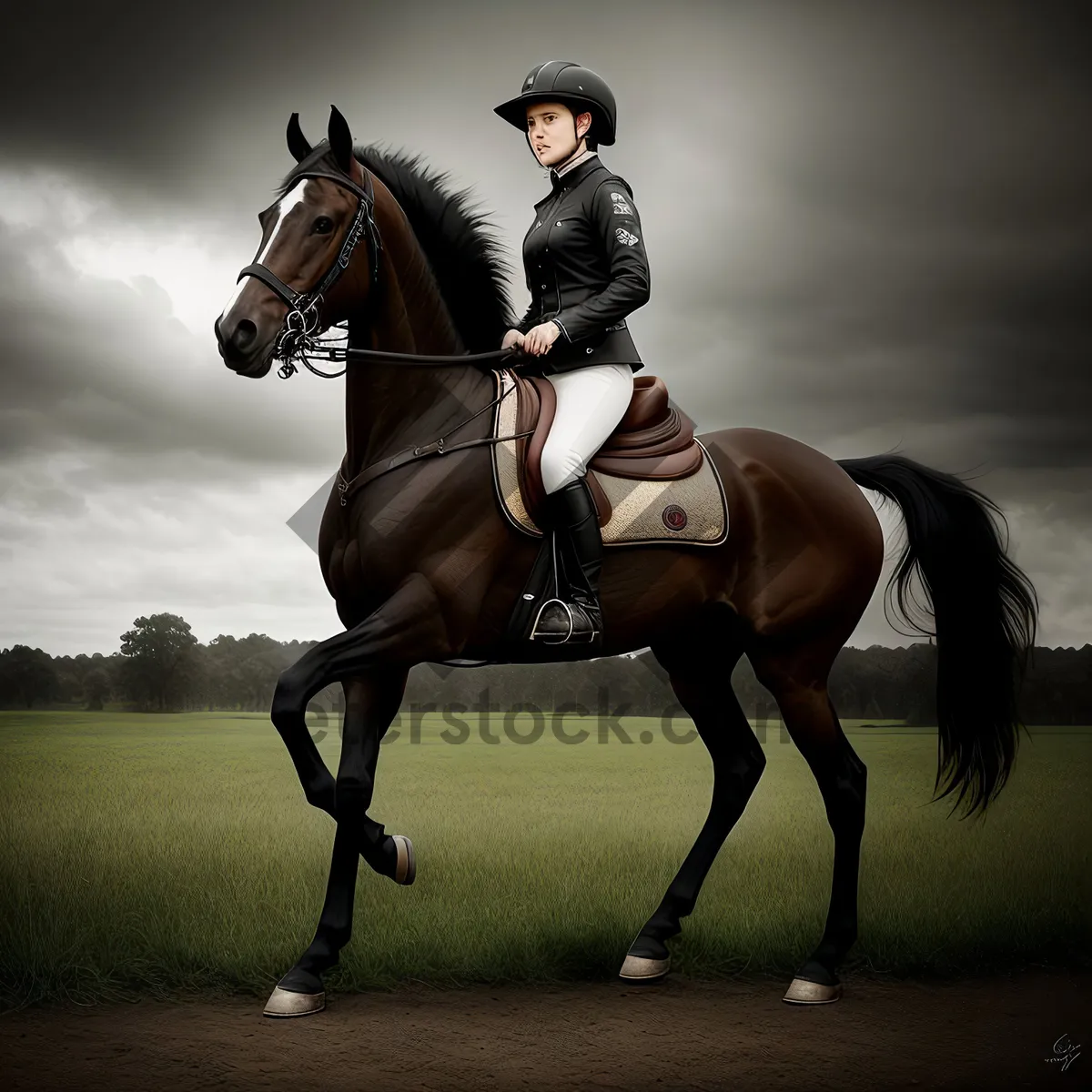 Picture of Equestrian Polo Horse with Rider and Mallet.