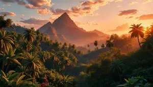 Breathtaking sunset over autumn park and mountains.