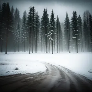 Winter Wonderland: Majestic snowy forest landscape with frozen slopes.