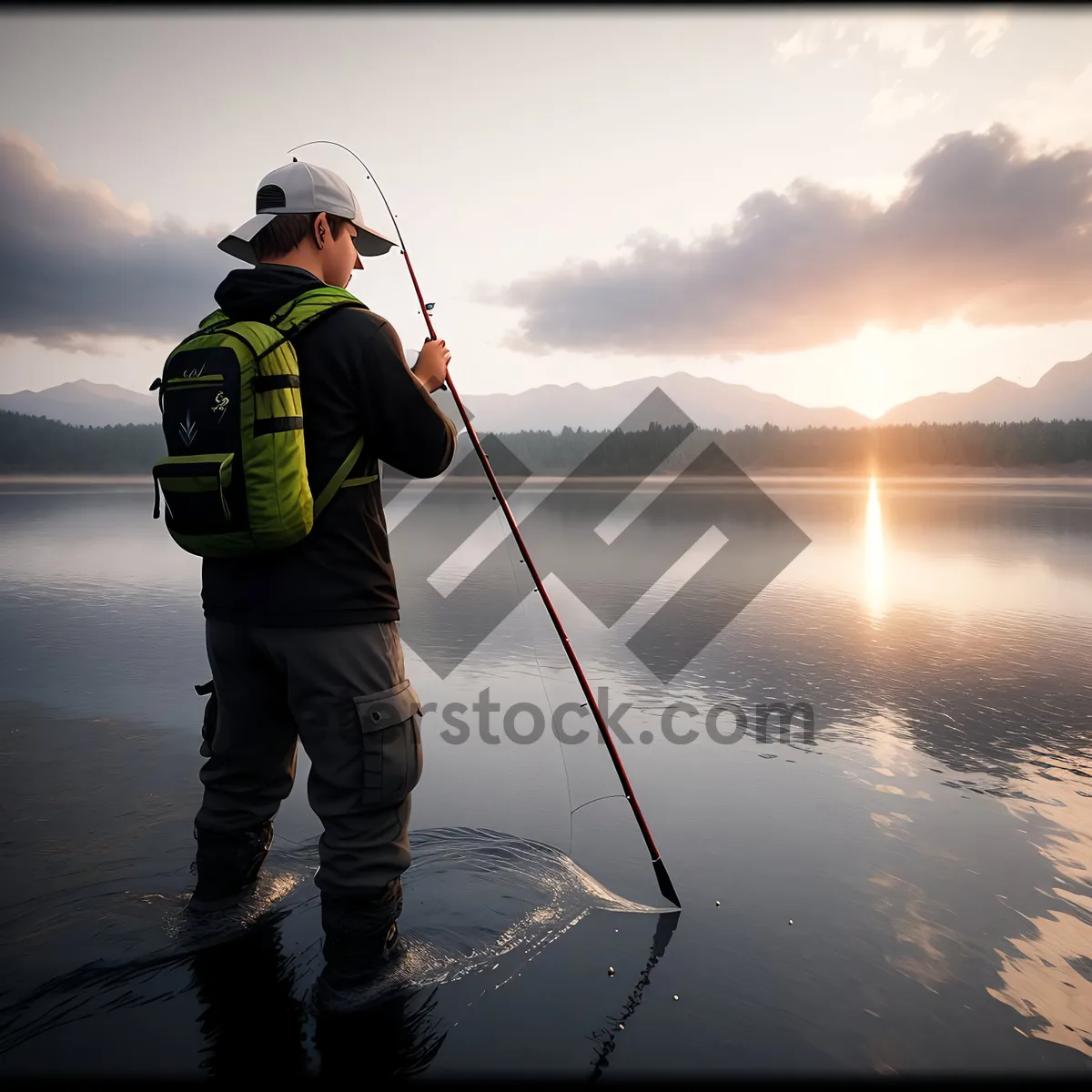 Picture of Reel Fishing: Man Enjoying Outdoor Leisure with Fishing Gear