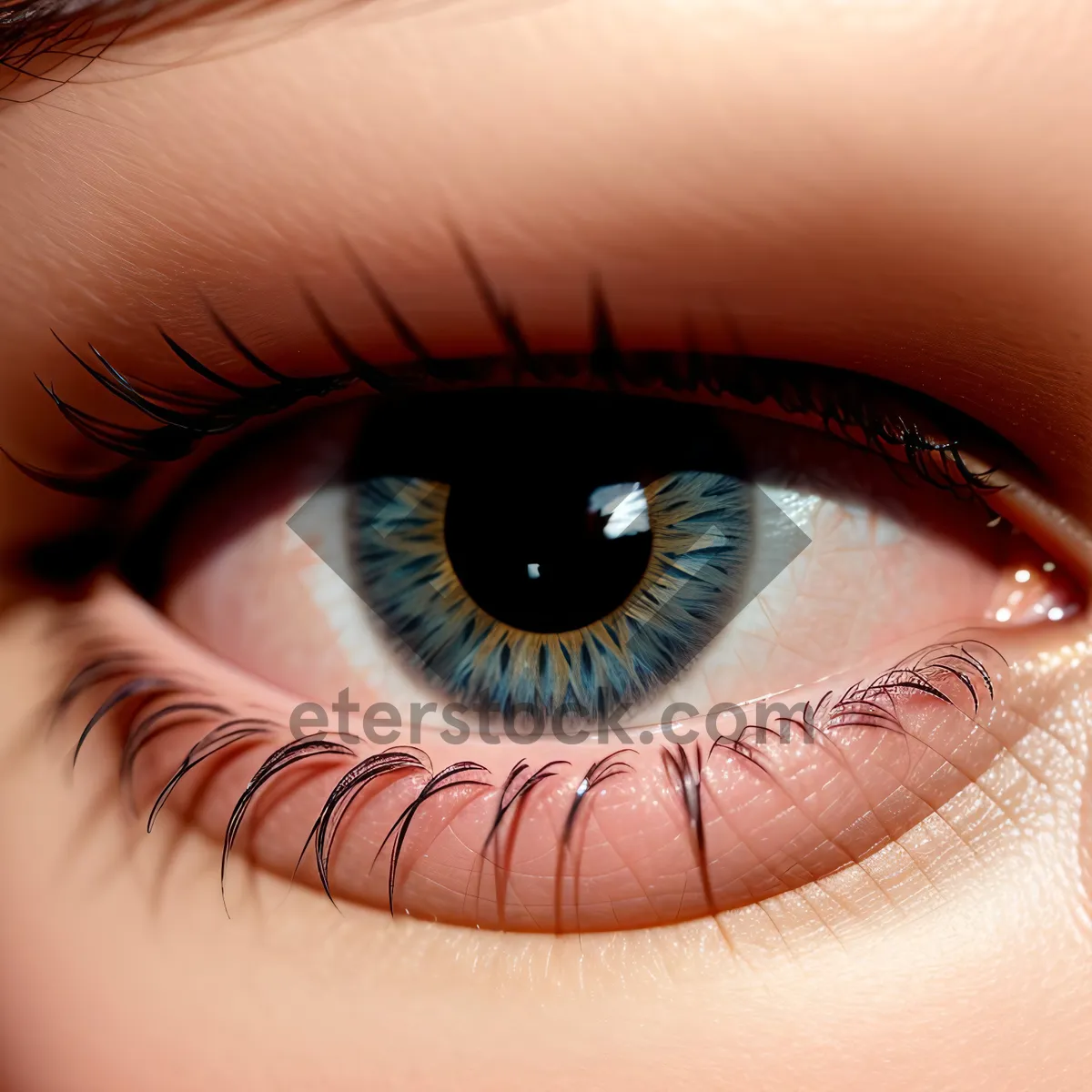 Picture of Mascara-coated eyelashes frame captivating blue iris.