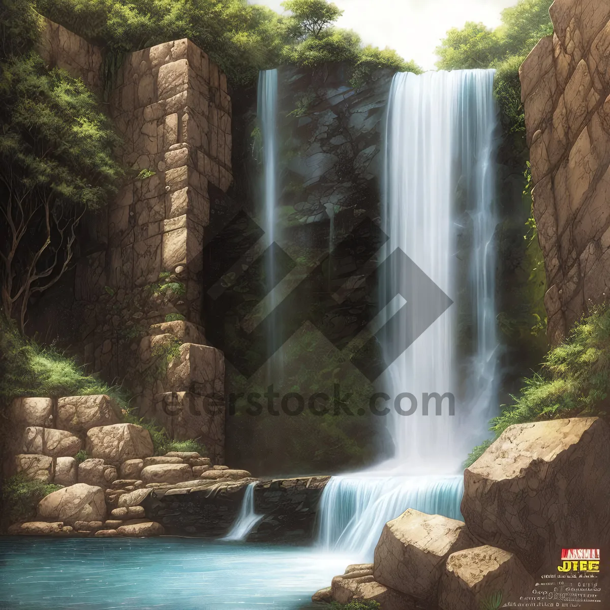 Picture of Serene Summer Waterfall in Forest Landscape