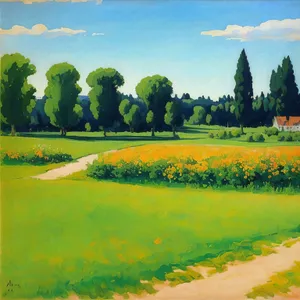 Idyllic landscape with rapeseed field and golf course