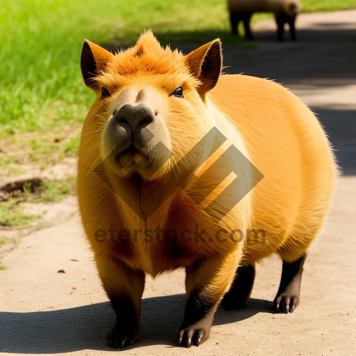 Picture of Brown horse grazing in rural pasture