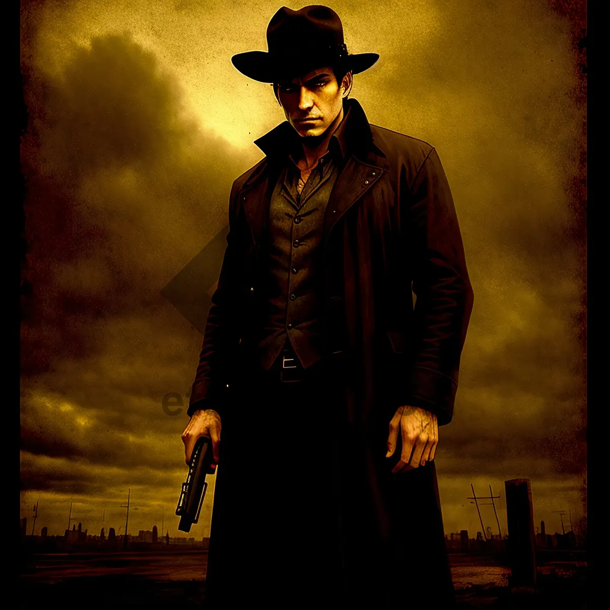 Picture of Stylish Male Portrait in Black Trench Coat and Hat