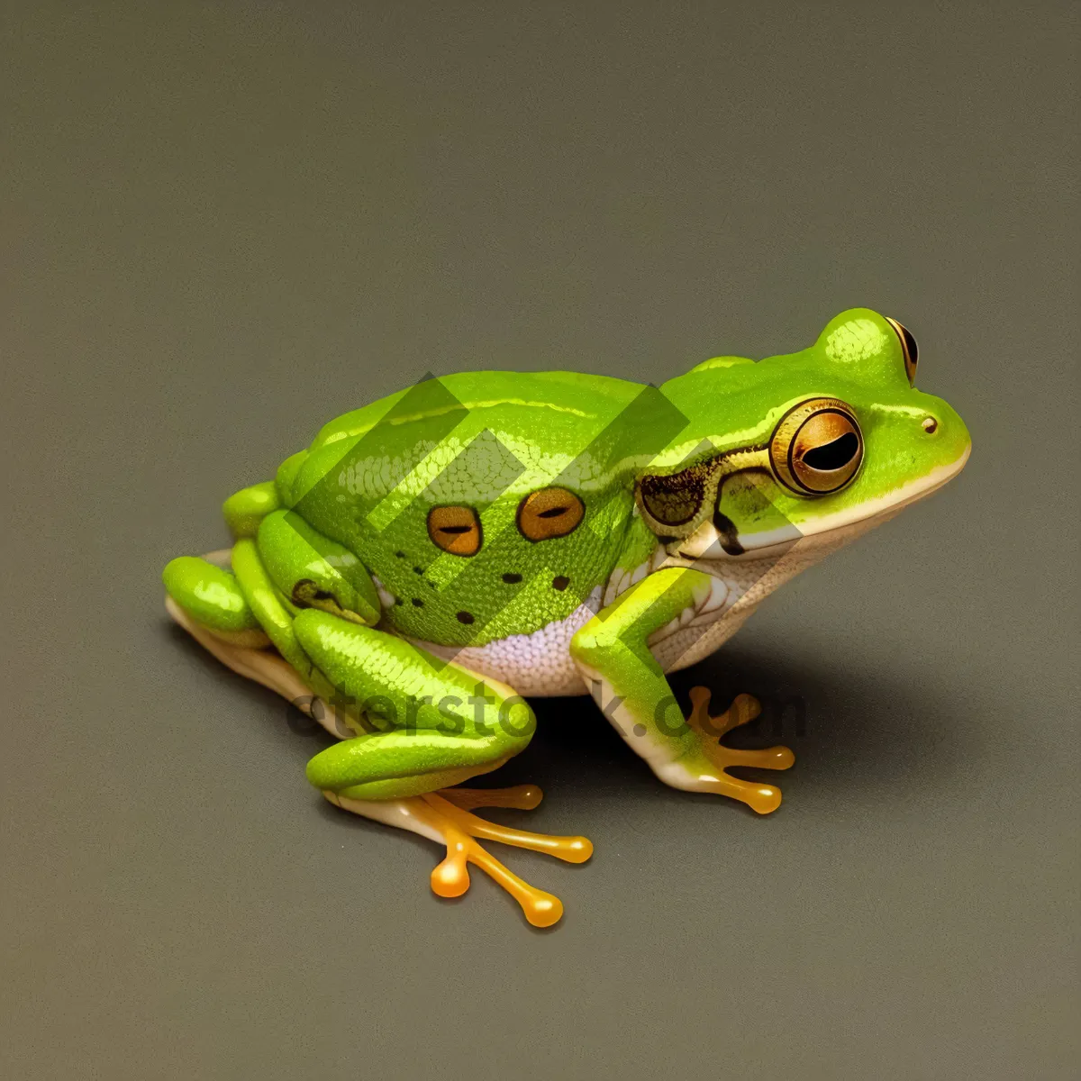 Picture of Vibrant Orange Eyed Tree Frog Peeking Through Foliage.