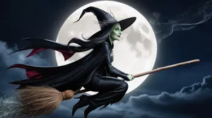 Witch flying on a broomstick against full moon and night sky with clouds, Halloween holiday. AI, Generation, Illustration