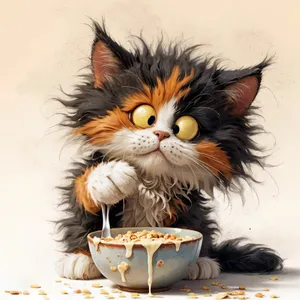 Cartoon Kitty With Breakfast Cereal