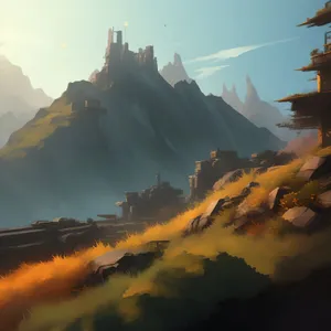 Sunset view of mountain temple in scenic landscape