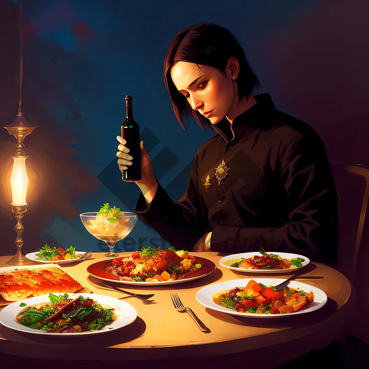 Picture of Delicious and Healthy Restaurant Dinner with Wine