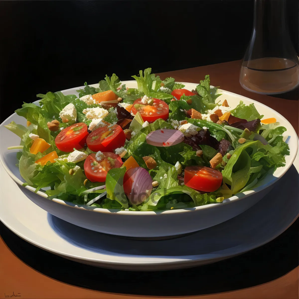 Picture of Healthy green salad with fresh vegetables and tasty sauce.