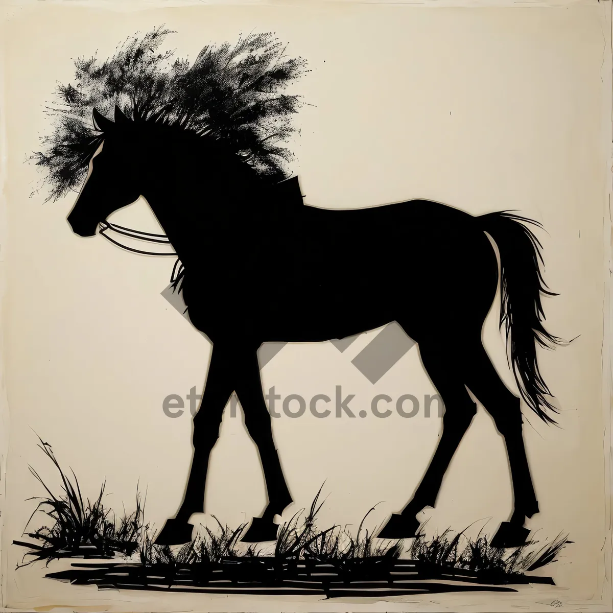 Picture of Wild Black Stallion Silhouette on Ranch