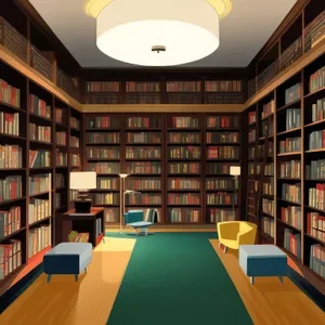 Interior library study room with colorful bookshelf