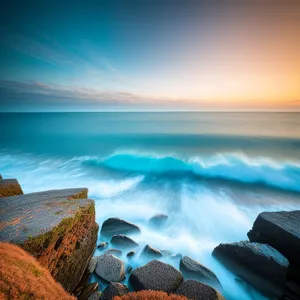 Vibrant Coastal Serenity: Tropical Seascape with Sunny Skies and Colorful Waves