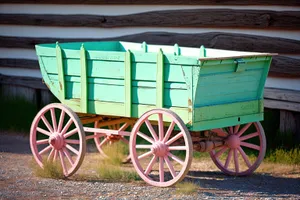 Vintage horse-drawn thresher cart for transporting machinery.