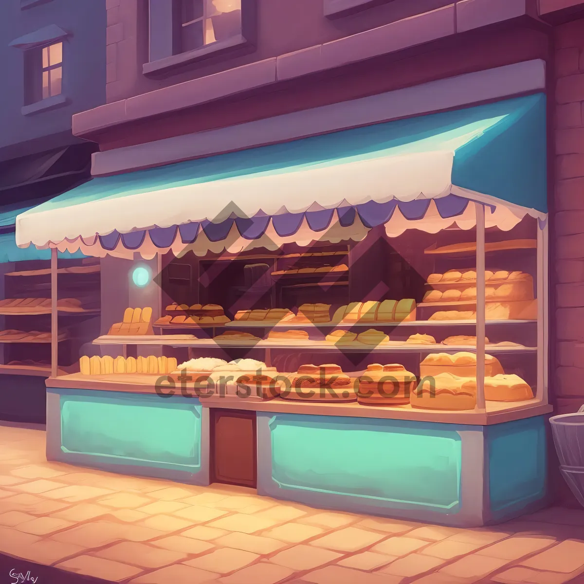 Picture of Modern Bakery Shop Interior with Stylish Illuminated Counter