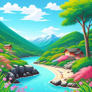 Serene Summer Countryside Landscape with Majestic Mountains