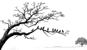Black floral tree design with oak branch silhouette.