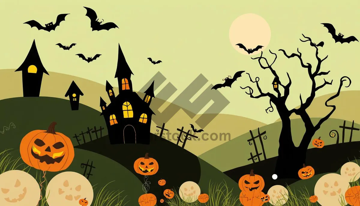 Picture of Silhouette Halloween Night Scene Cemetery Moonlit Tree