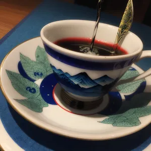 Traditional breakfast refreshment in bowl with coffee and tea.