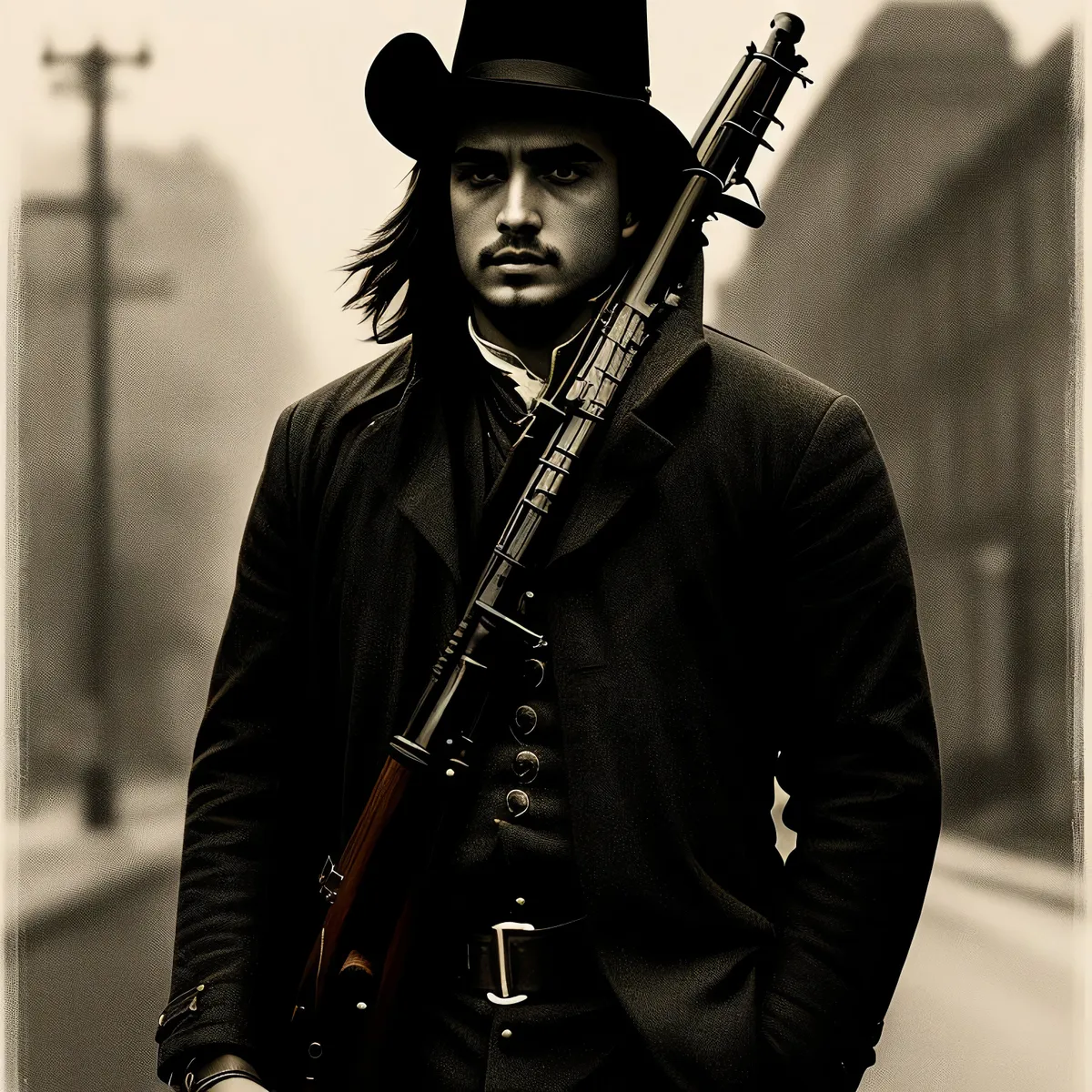 Picture of Attractive man in cowboy hat playing bassoon