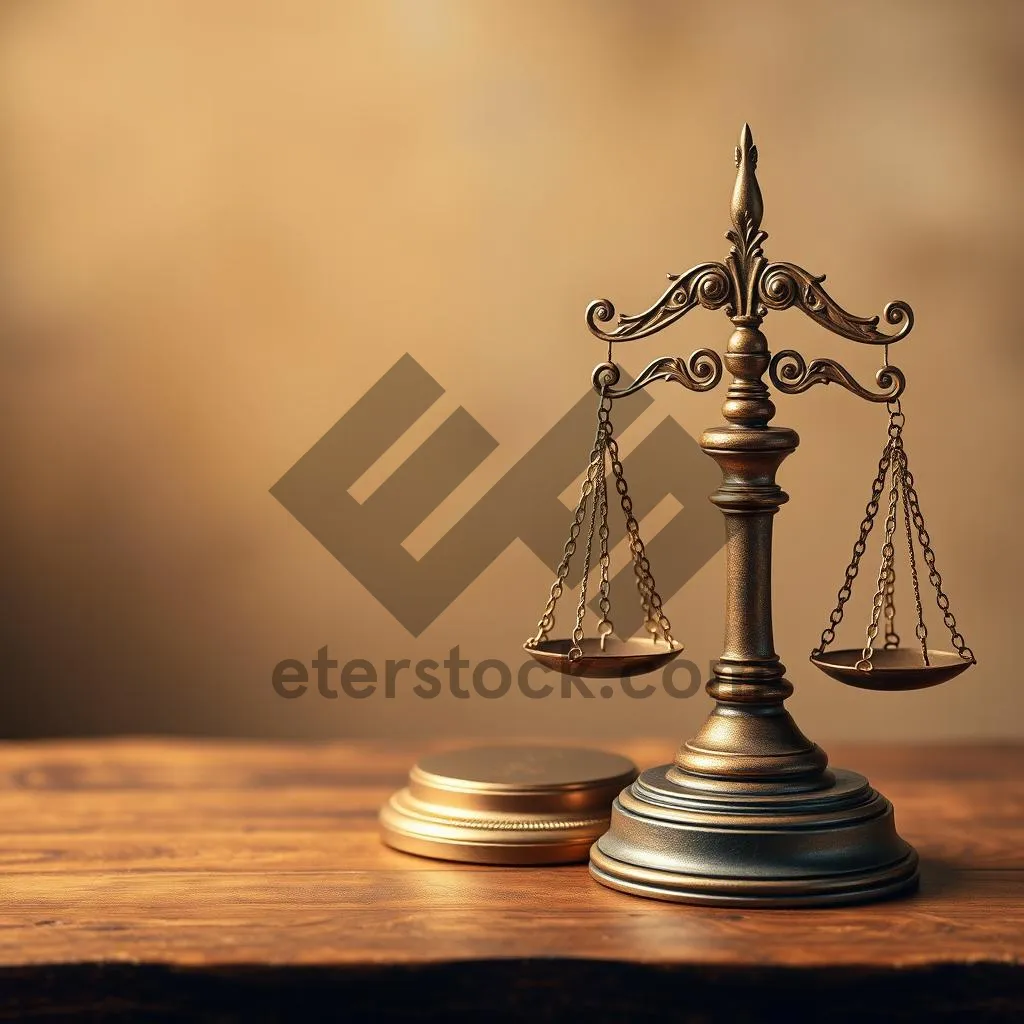 Picture of Gold balance scale on table with pawn figure.