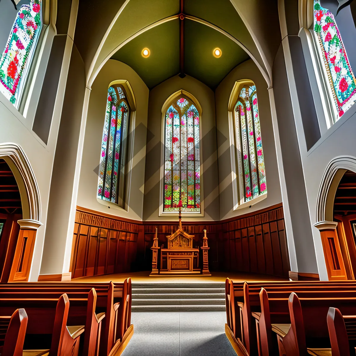 Picture of Old Cathedral Interior with Altar and Stained Glass Window