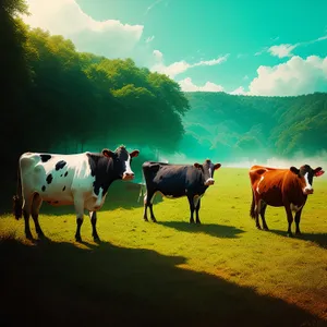 Serene Countryside Grazing: Rural Meadow with Horses and Cattle